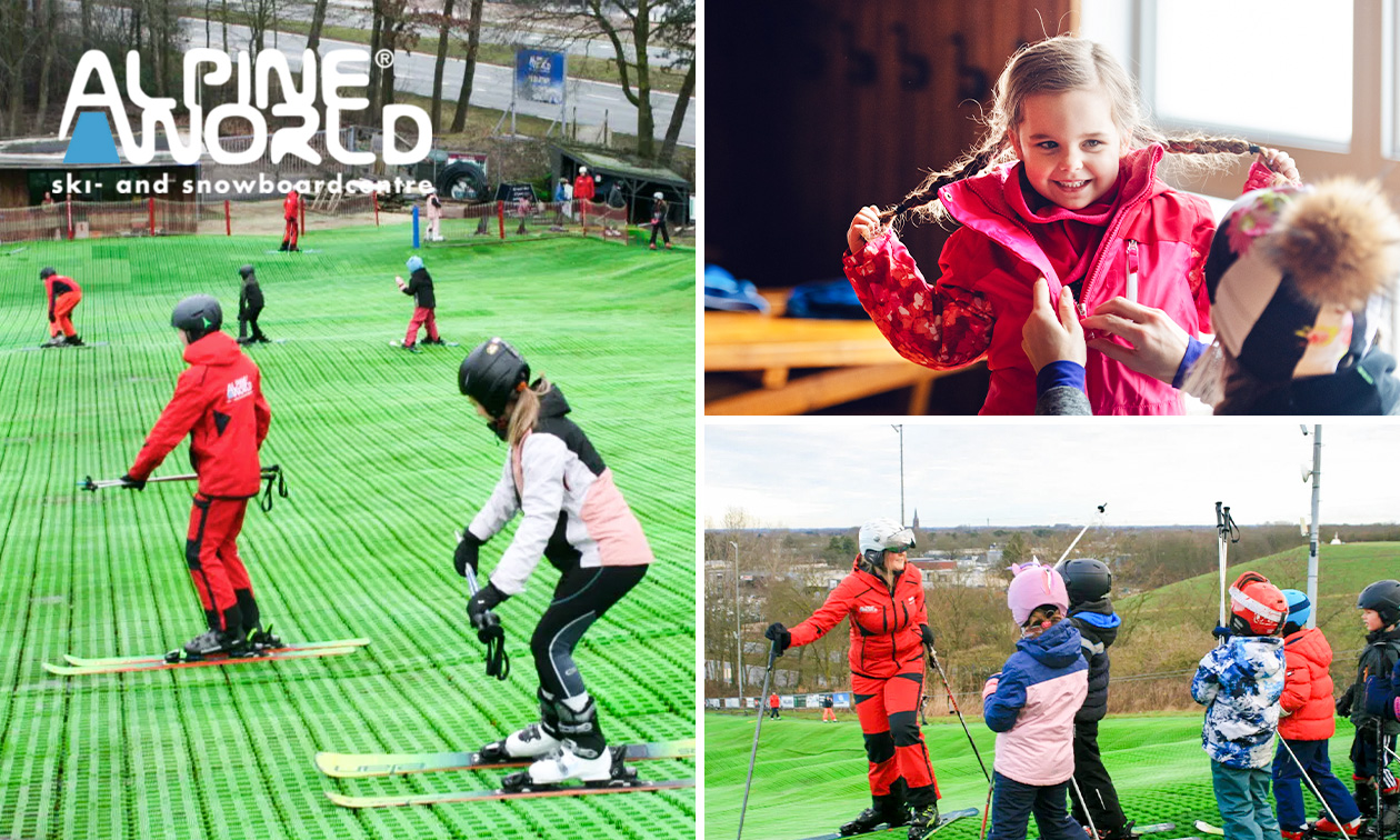 Beginnersproefles skiën of snowboarden (50 min) inclusief materiaal + drankje naar keuze
