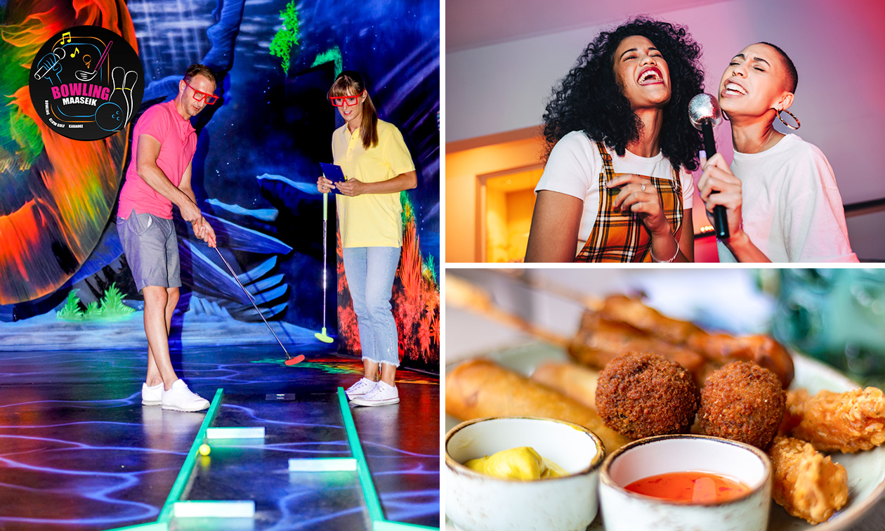 Glow in the dark minigolf + borrelhapjes of karaoke-room (1,5 uur) bij Bowling Maaseik