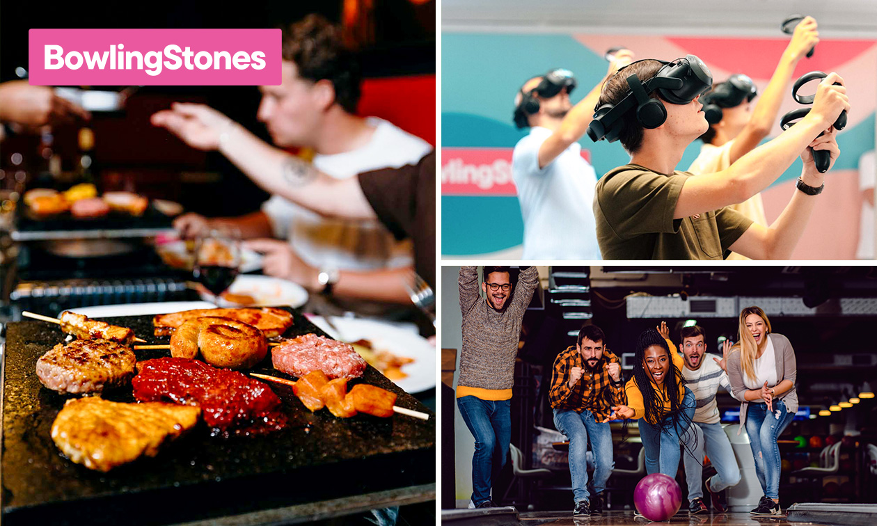Steengrillen + halve fles wijn of water + dessert + bowlen (2 uur) of VR-game (40 min)