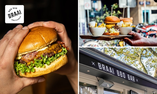 Burger + friet + saus + drankje om af te halen bij Braai Vondelpark in hartje Amsterdam