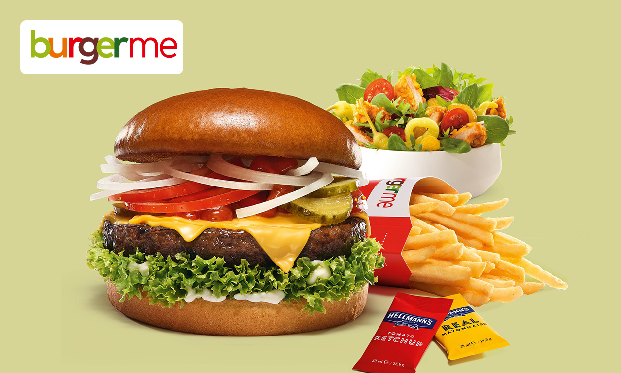 Burger naar keuze + friet + mayonaise + evt. snack of salade voor dine-in bij Burgerme