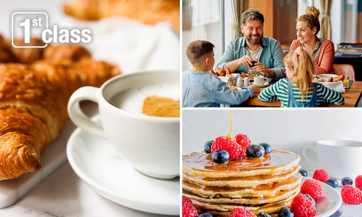 Ontbijtgerecht naar keuze + croissant + evt. koffie bij First Class