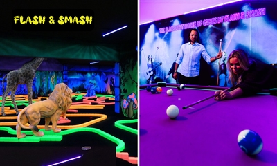 18 holes glow-in-the-dark-minigolf en/of blacklight poolen (1 uur) bij Flash & Smash
