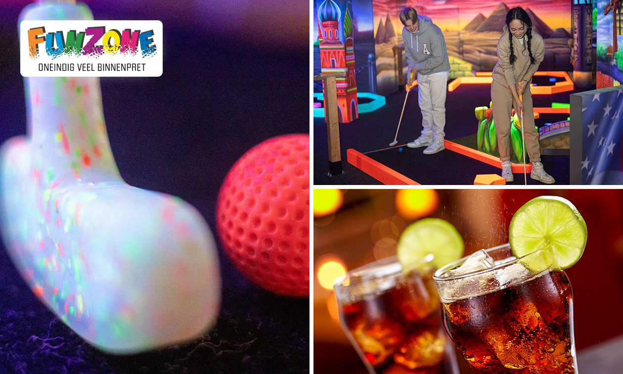 Glow Minigolf + drankje(s) + chips, stroopwafel of borrelgarnituur Glow Minigolf + drankje(s) + chips, stroopwafel of borrelgarnituur