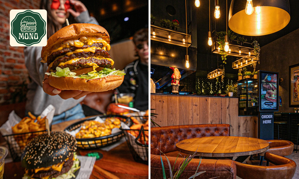 Burger naar keuze + friet + dessert + drankje voor dine-in of afhaal bij Mono Burger