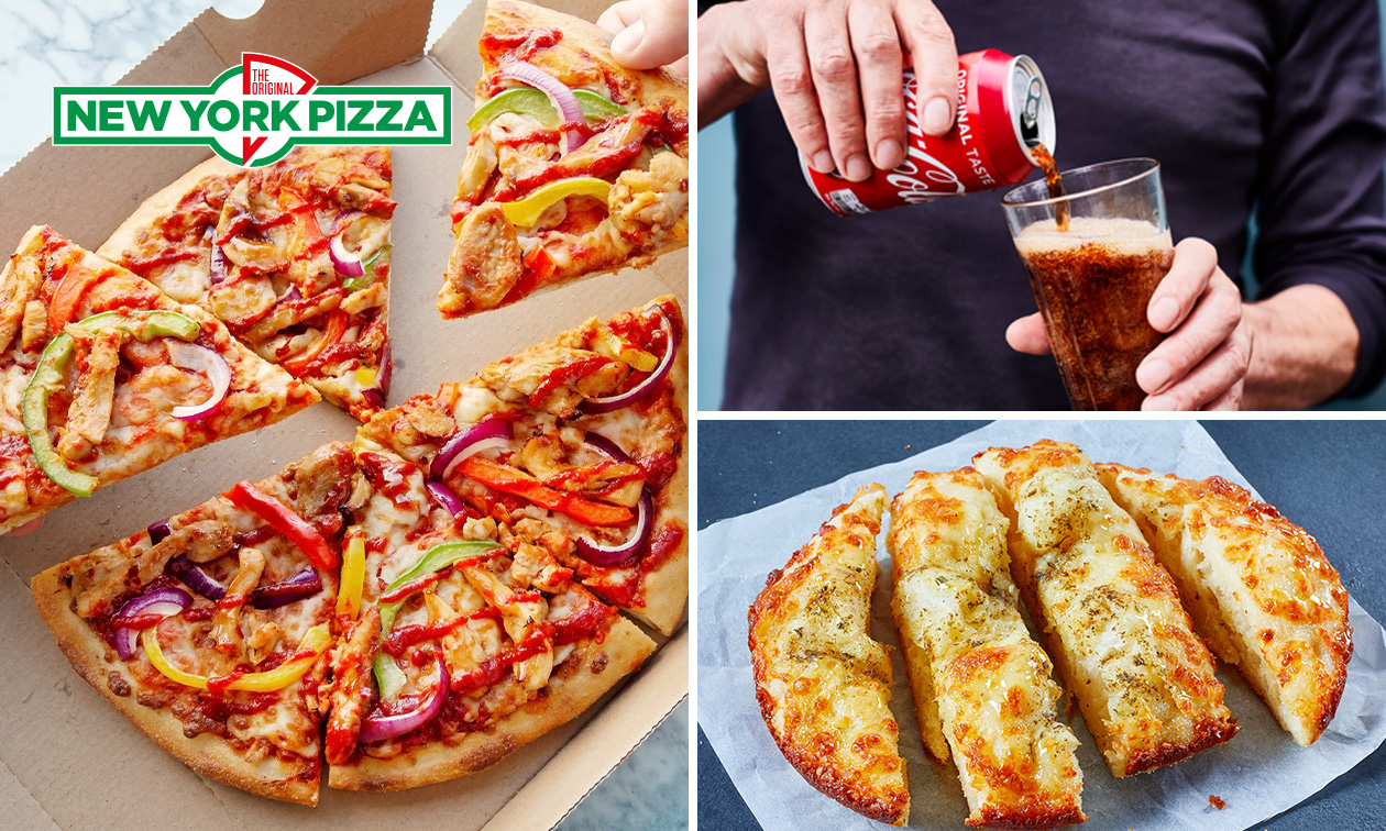 Pizza (25 cm) + bijgerecht of fris voor afhaal bij New York Pizza