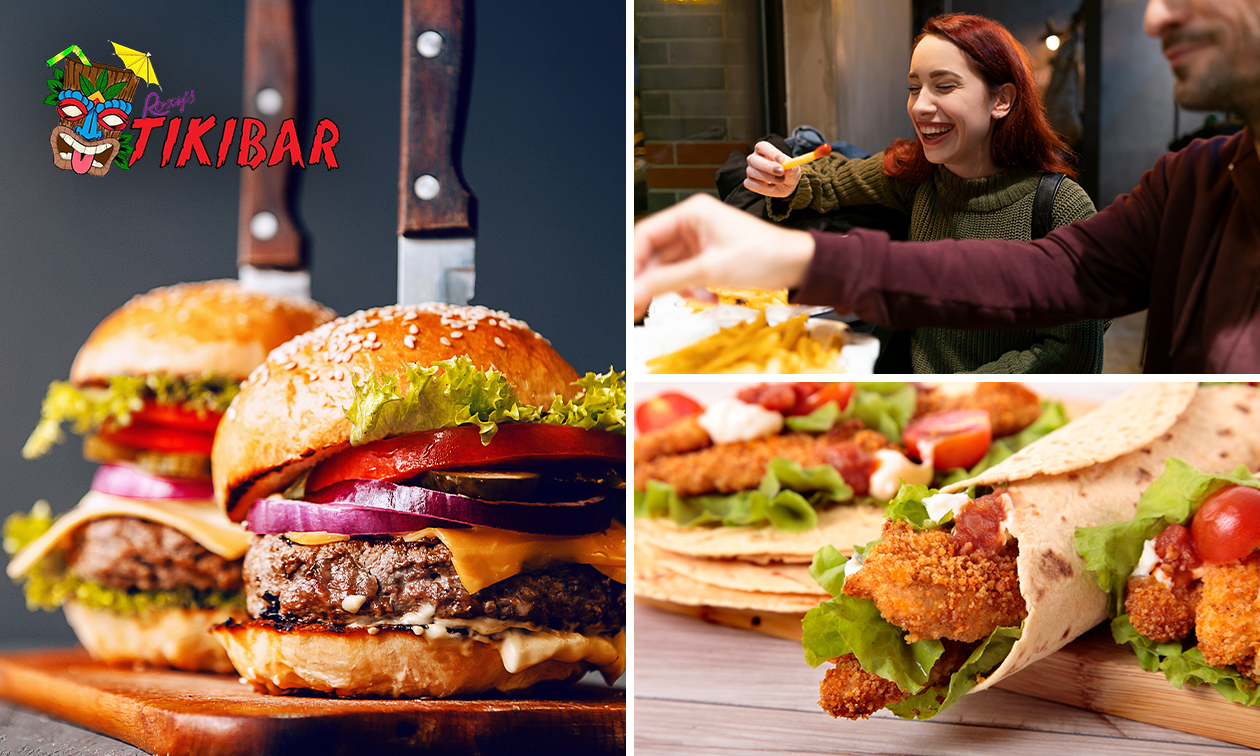 Burger, wrap of chicken wings + friet bij Roxy's Tikibar
