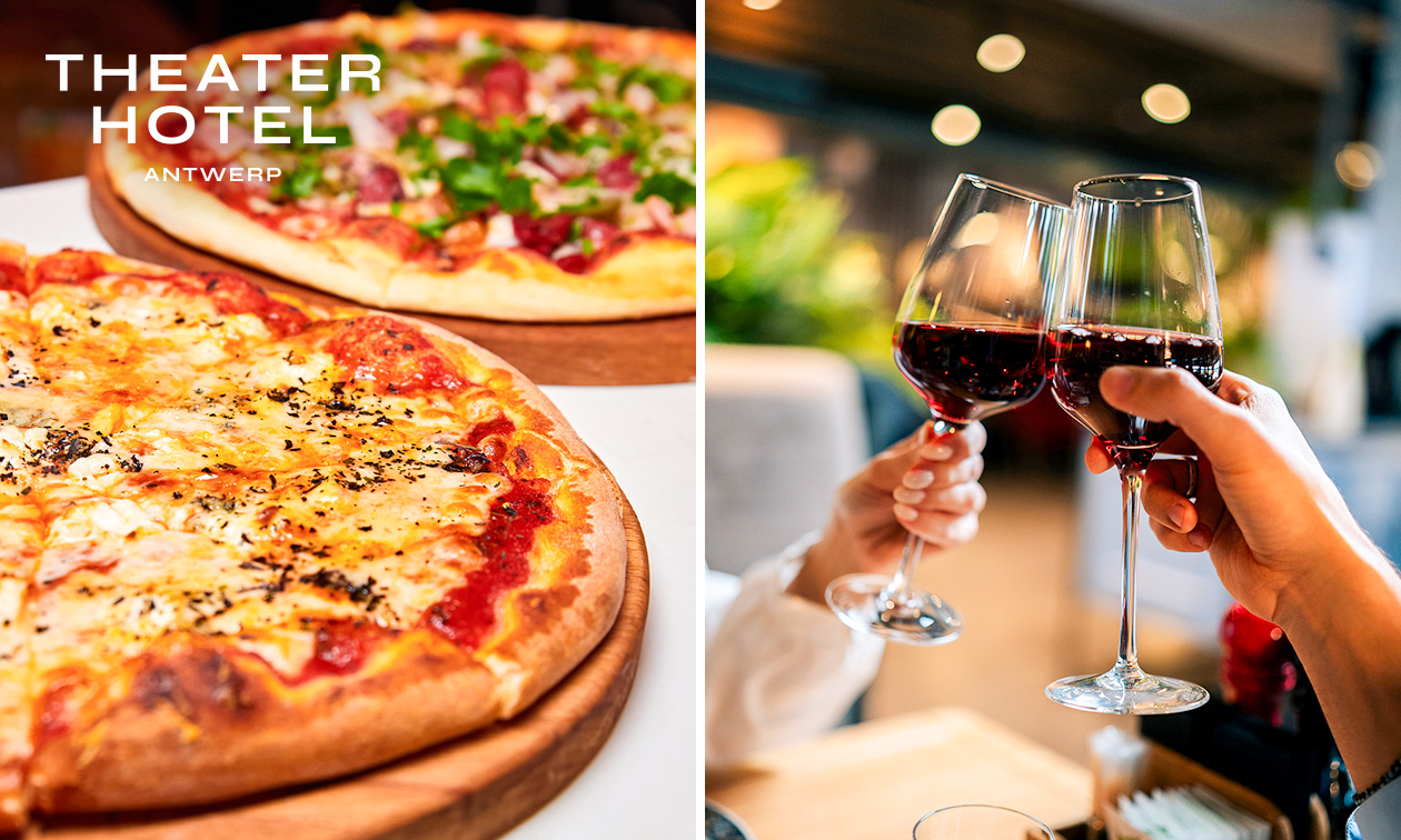 Pizza + glas wijn, bier of frisdrank in het salon van Theater Hotel in hartje Antwerpen