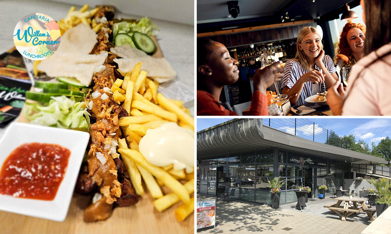 Halve meter saté + friet + rauwkost + kroepoek + saus bij Willem's Corner