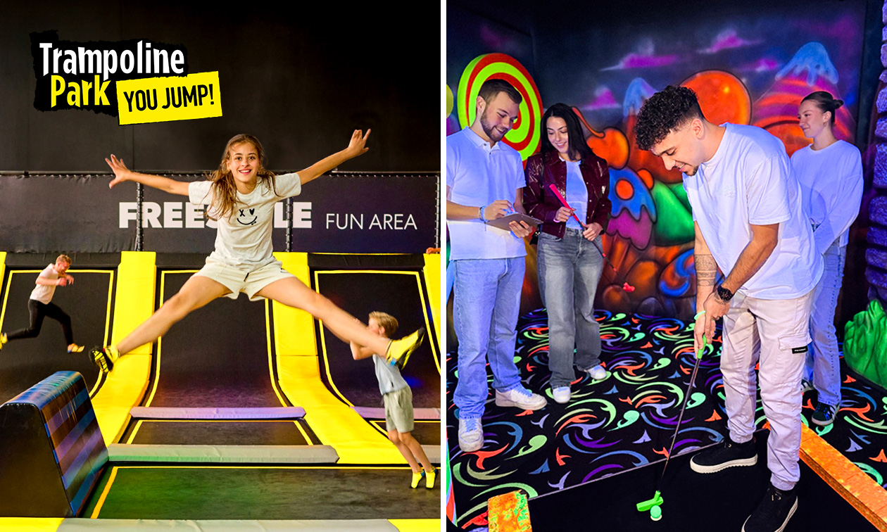 18 holes GlowGolf + frisdrank of trampolinespringen (60 min)
